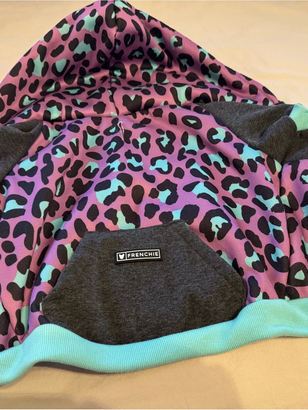 Purple Leopard Print Zip-Up Dog Hoodie with Teal Trim